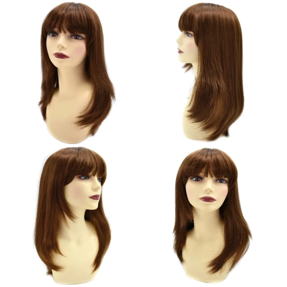 

Ladies Fashion Handtied 19" Long Mono Top Wig Synthetic Multi-Layered Straight Brown Monofilament Full Cap Wig With Bang