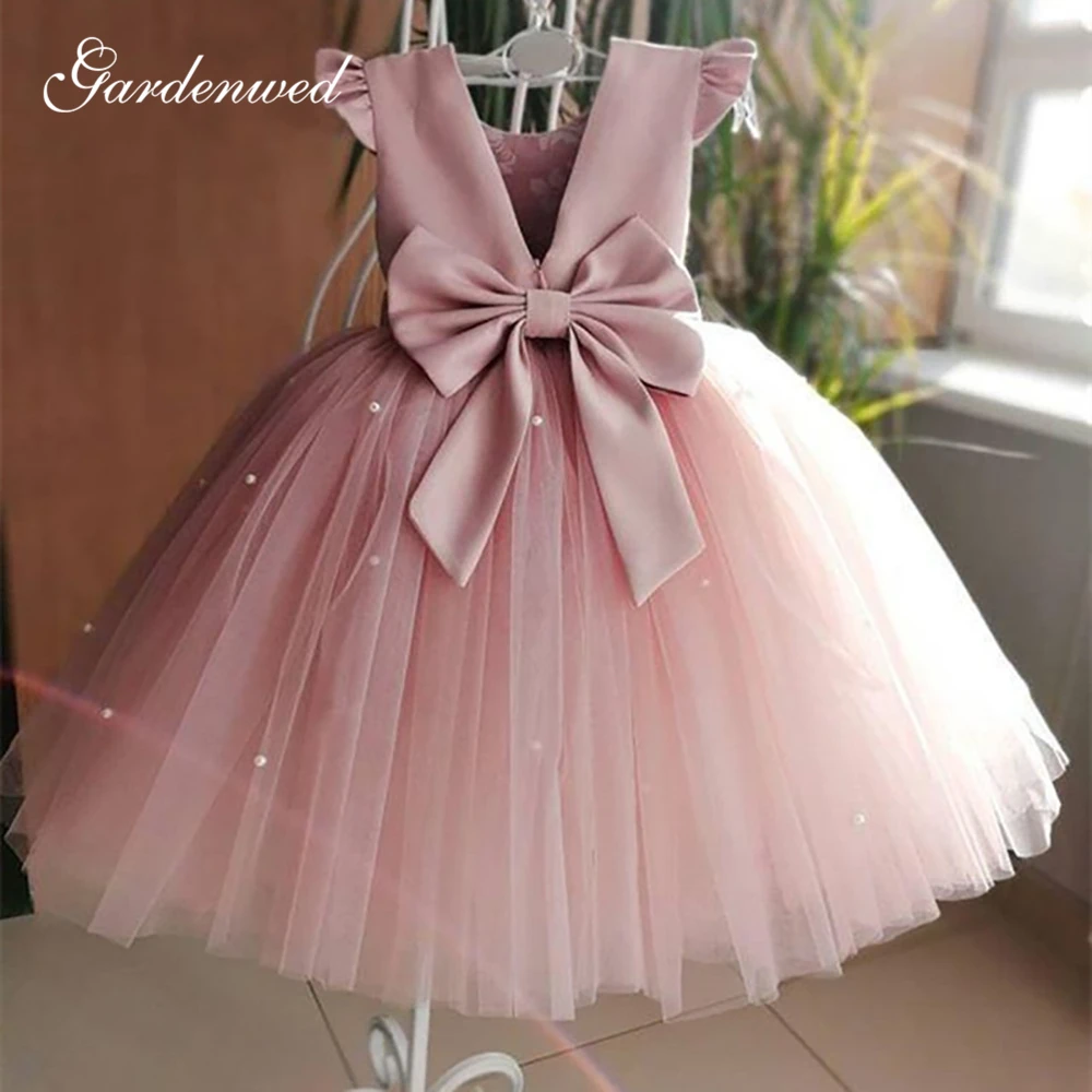 

Gardenwed Bow Pink Flower Girl Dresses Tulle Pearls Girl Party Dress Kid Birthday Dress Puffy Princess Dress Satin Communion