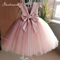 gardenwed bow pink flower girl dresses tulle pearls girl party dress kid birthday dress puffy princess dress satin communion