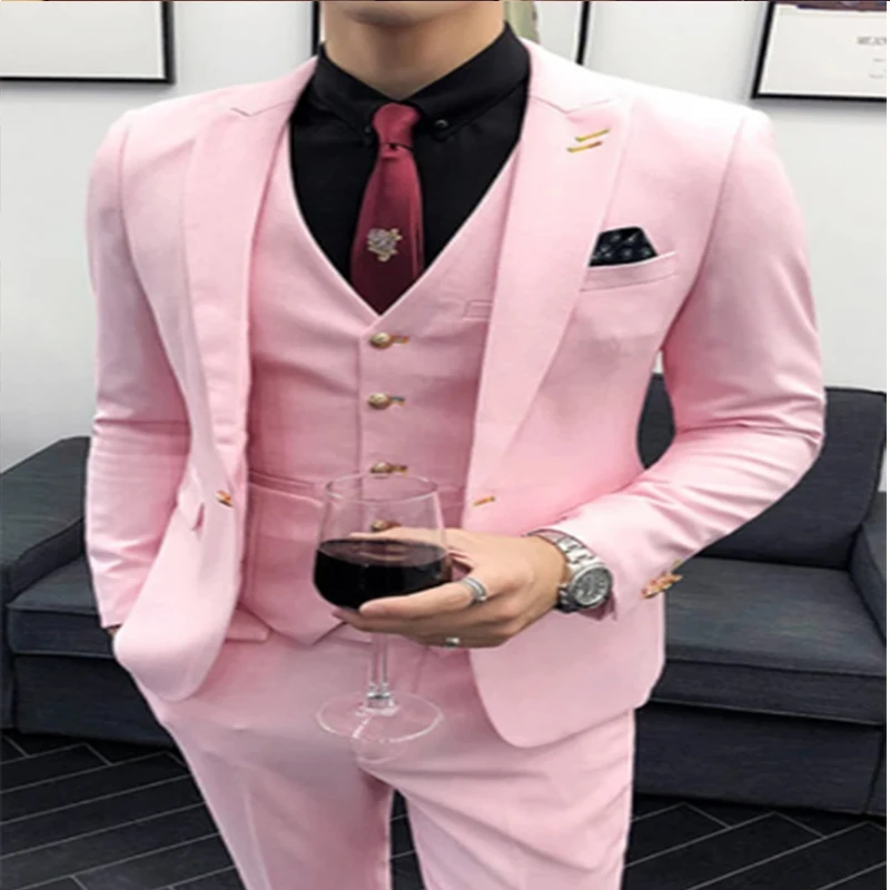 2022 Mens Wedding Suits Slim Fit Pink White Blazer Vest Pants 3 Piece Set Formal Business Casual Costume Party Dress Clothing