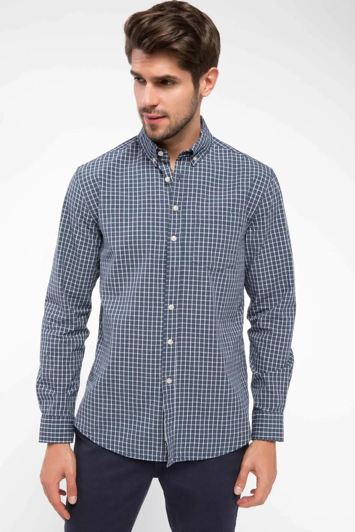 Дефакто осенняя мода мужская хлопковая рубашка с отворотом и длинным рукавом