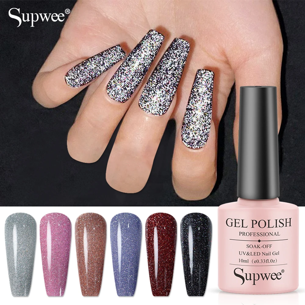 

Supwee 10ML Sparkle Diamond Gel Nail Polish Reflective Glitter Effect Gel Nail Art Semi Permanent Top Coat Base Gel Nail Varnish