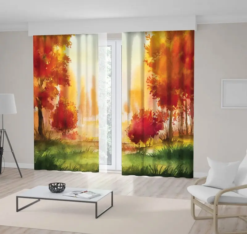 Занавеска осенний пейзаж с деревьями трава Восход вид Акварельная иллюстрация