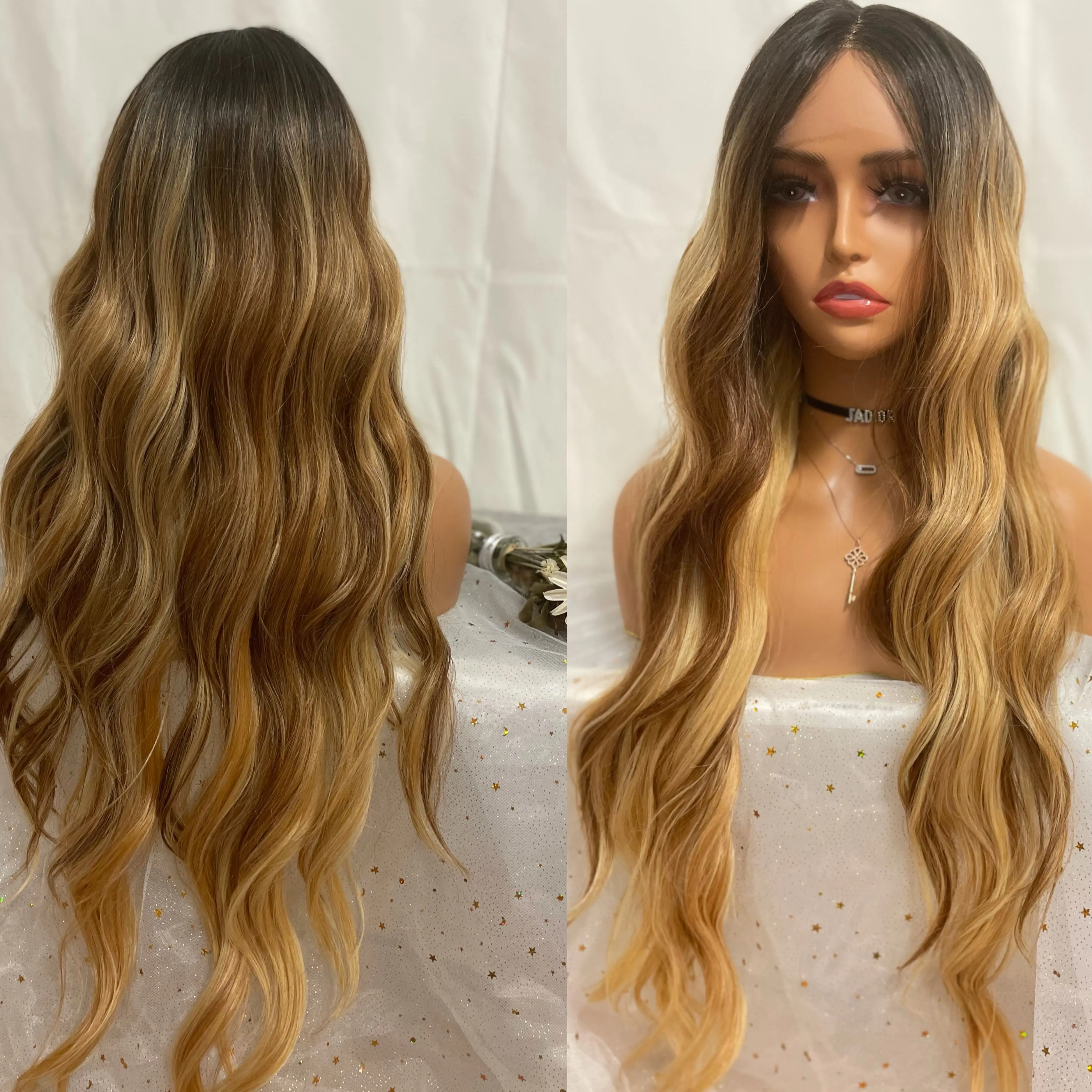 

WIGERA Synthetic Highlight Body Wave Long Lady 100% Japan-Made Fibers Honey Blonde Mix Brown Wig T Part Lace For Women