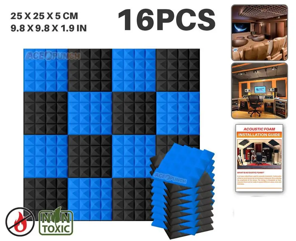 Black and Blue Arrowzoom 16 шт. набор цветов 9," x 9,8" x 1," Пирамида плитка студия Звукопоглощающая Панель акустическая пена AZ1034 - Цвет: Black and Blue