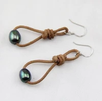 unique design aa leather pear earrings 9mm black rice freshwater pearls s925 sterling silver dangle leather fine jewelry