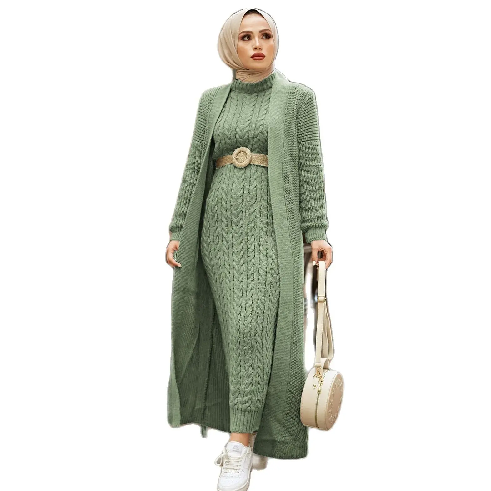 Женский трикотажный комплект из 2 предметов, платье-водолазка с вышивкой и длинным рукавом, в мусульманском стиле, 2021