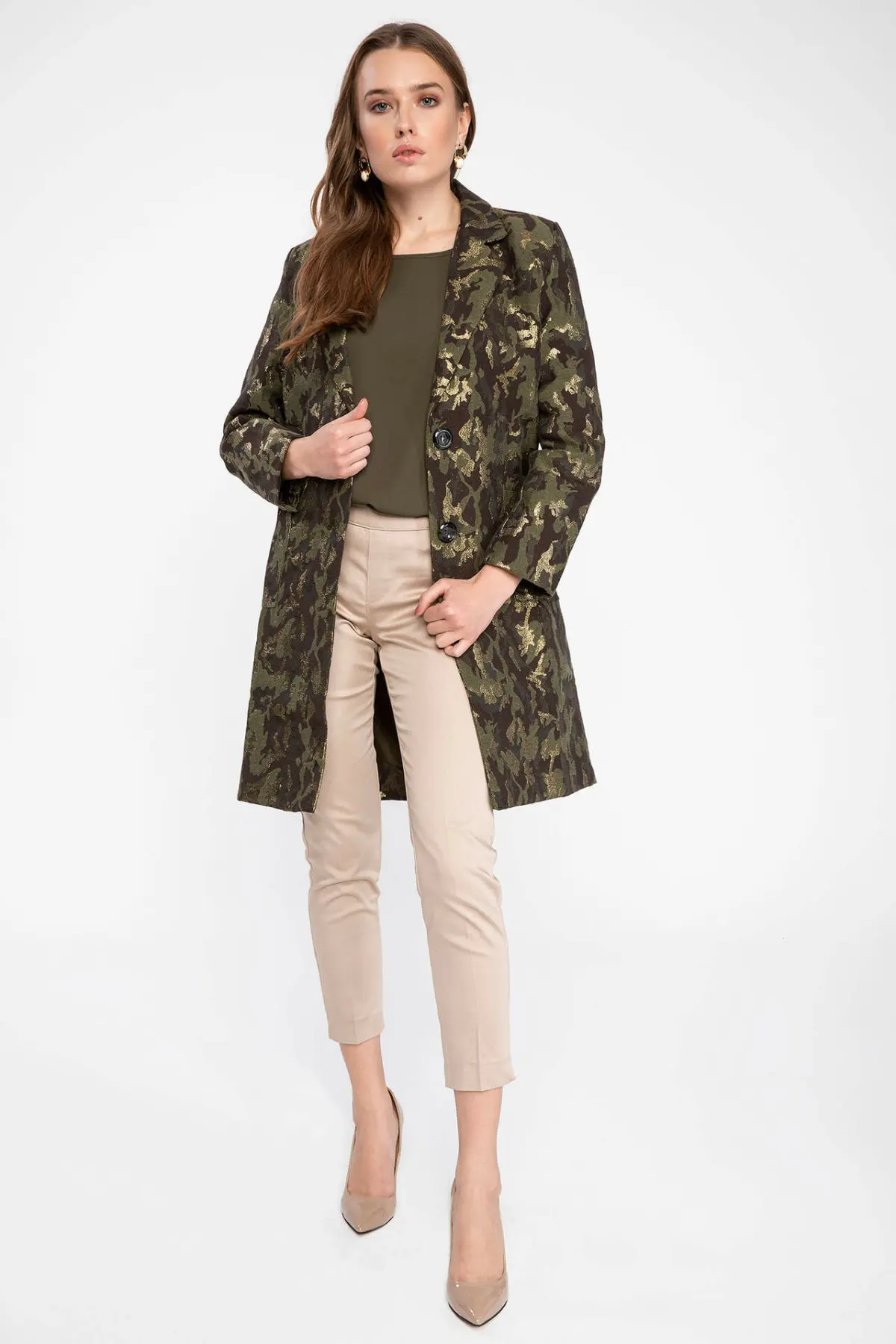 DeFacto Woman Long Print Lapel Jacket Coat Pocket Casual Female Simple Sleeve Spring Autumn-I6093AZ17WN-I6093AZ17WN | Женская одежда
