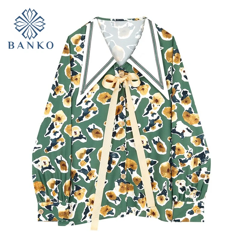 

Fashion Vintage Print Blouses Women 2021 Spring Lace-up Oversized Shirts Female Long Sleeve Streetwear Elegant Ins Blusas Tops