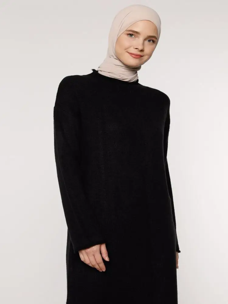 

Benin Knitwear Dresses Full Length Muslim Women Long Sleeve Dubai Pink Navy Blue Dress Soft Winter 2021