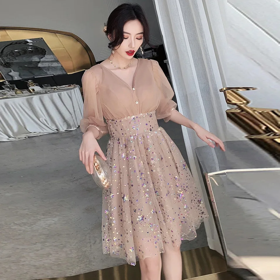 

Sparkly Prom Dress V Neck See-Through Champagne Dress High Waist Colorful Start Dress Mini Tulle Party Dress Cocktail Dress