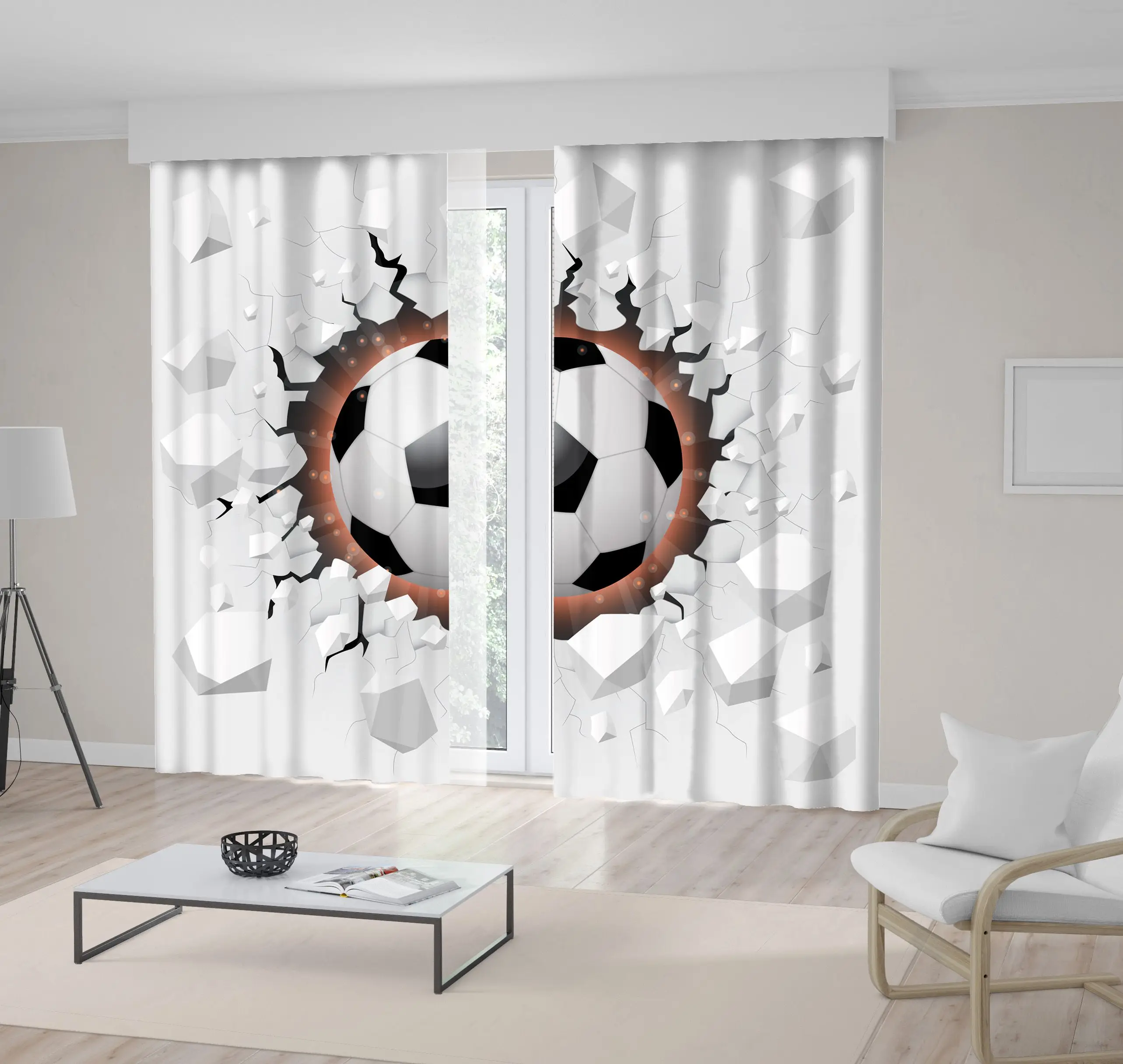 

Curtain Soccer Ball Coming in Cracked Wall Sports Games Excitement Theme Artwork Black White Red