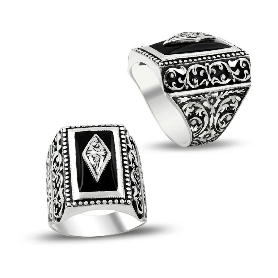 

Мужское кольцо из серебра 925 пробы, прямоугольный черный оникс, османский стиль, Винтажные Ювелирные изделия, очаровательный дизайн, безупр...