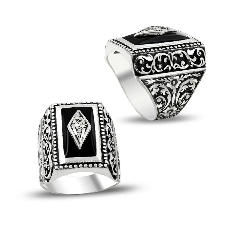 

925 Sterling Silver Men's Ring Rectangle Black Onyx Stone Ottoman Style Vintage Jewelry Quality Charming Design Flawless Elegant