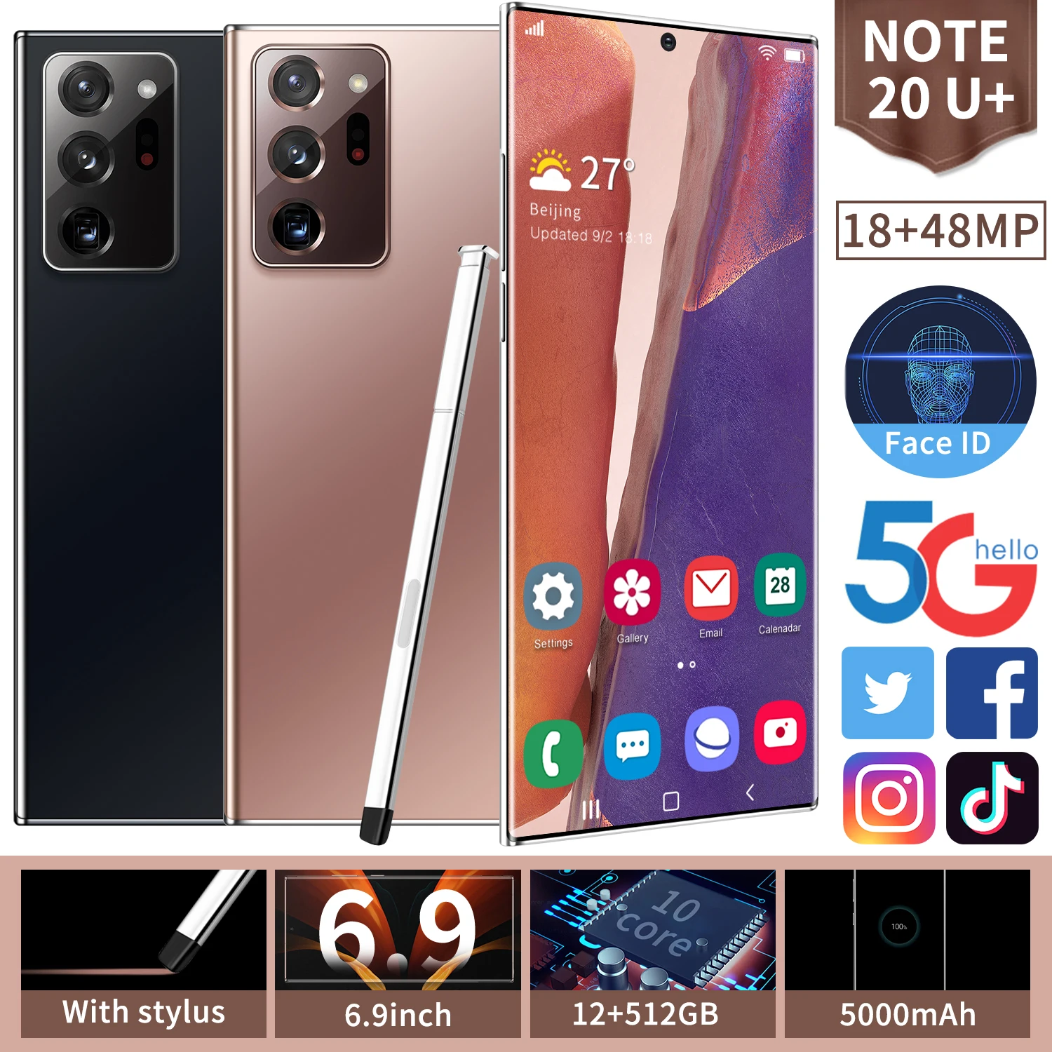 Note20U + 6 9 дюймов 3.5D полный Дисплей смартфонов на базе Android 12 Гб 512 5G пусть мобильных