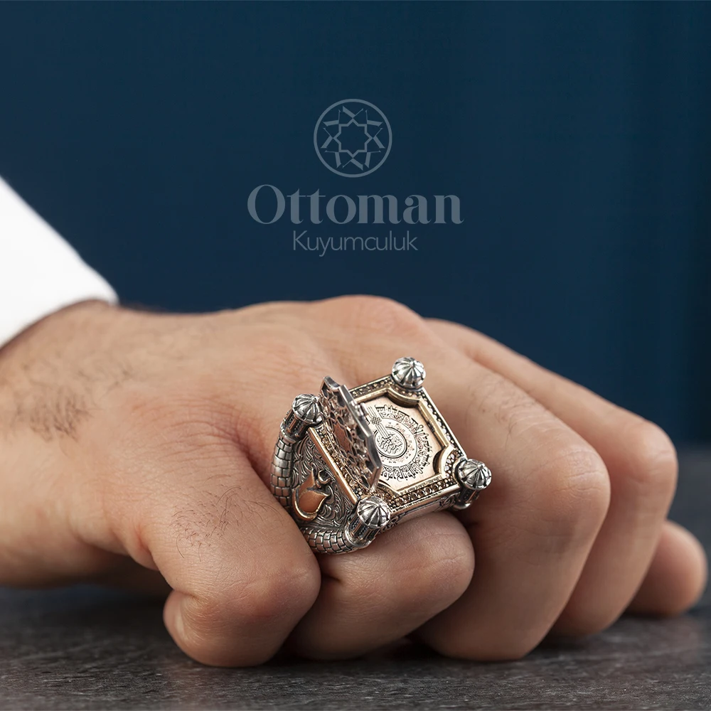Representation of the Mosque 4 Minarets Men's Silver Ring Seljuk Star Silver Ring Color-Changing Sultan Stone Ring