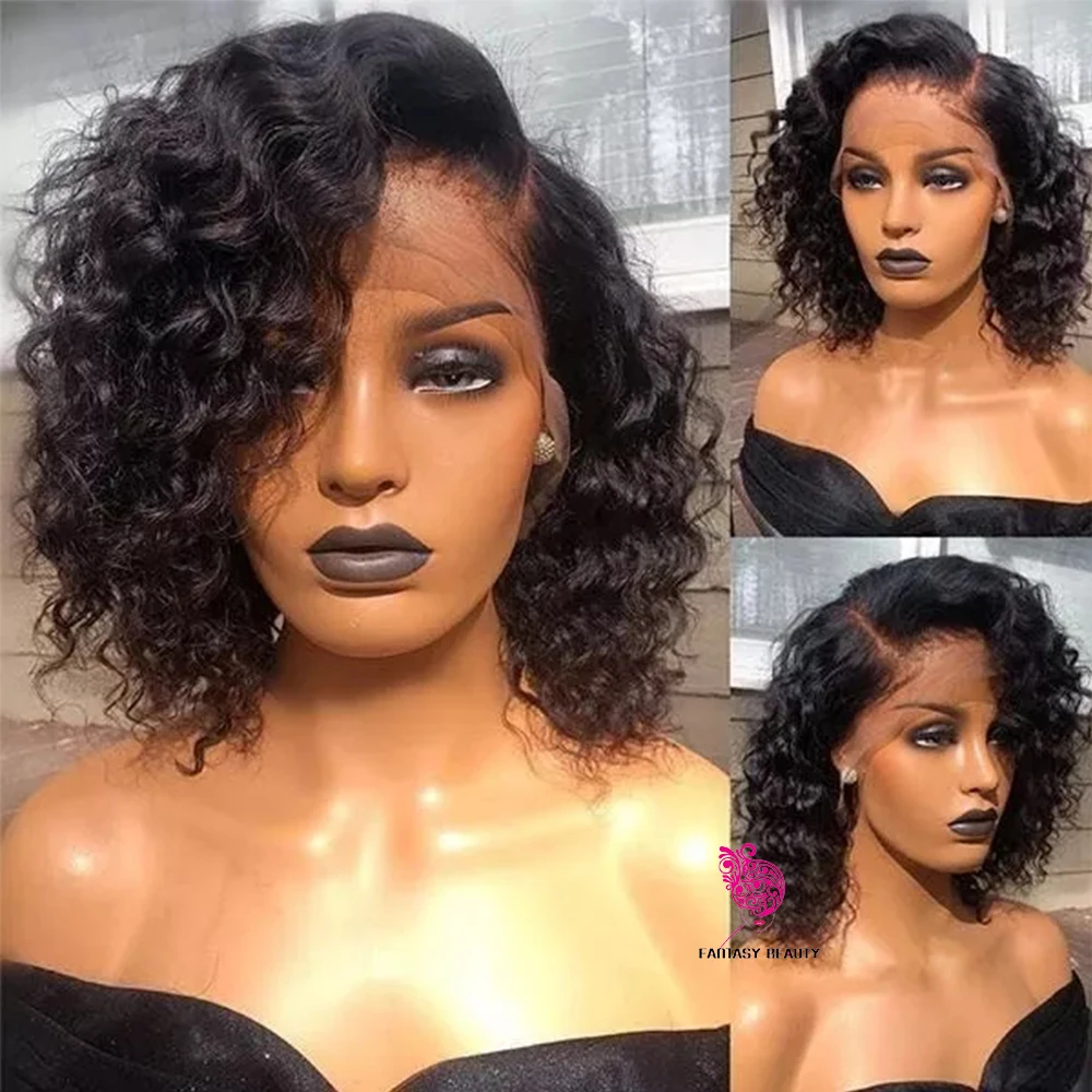 

Short Cut Bob Lace Front Wigs With Side Bangs Black Color Synthetic T part Wig Glueless Natural Hairline Kinky Curly Daily Use