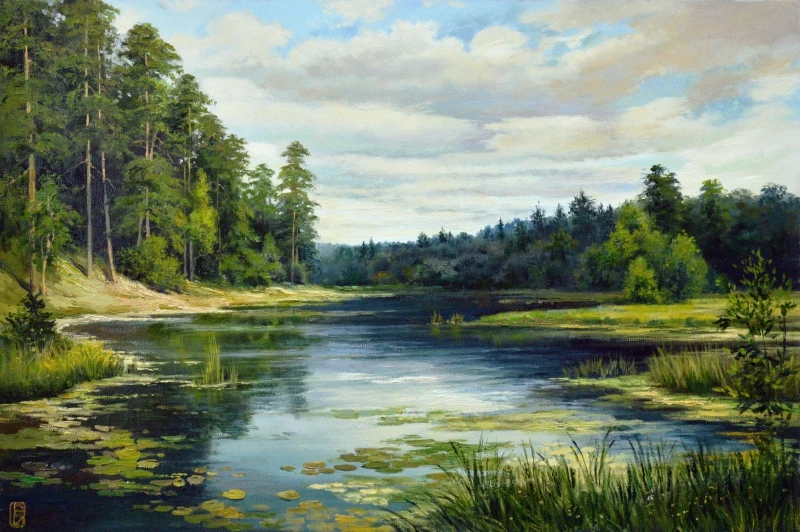 Картина на холсте маслом &quotЗадумчивая русская природа&quot 50 x 70 см. Автор: