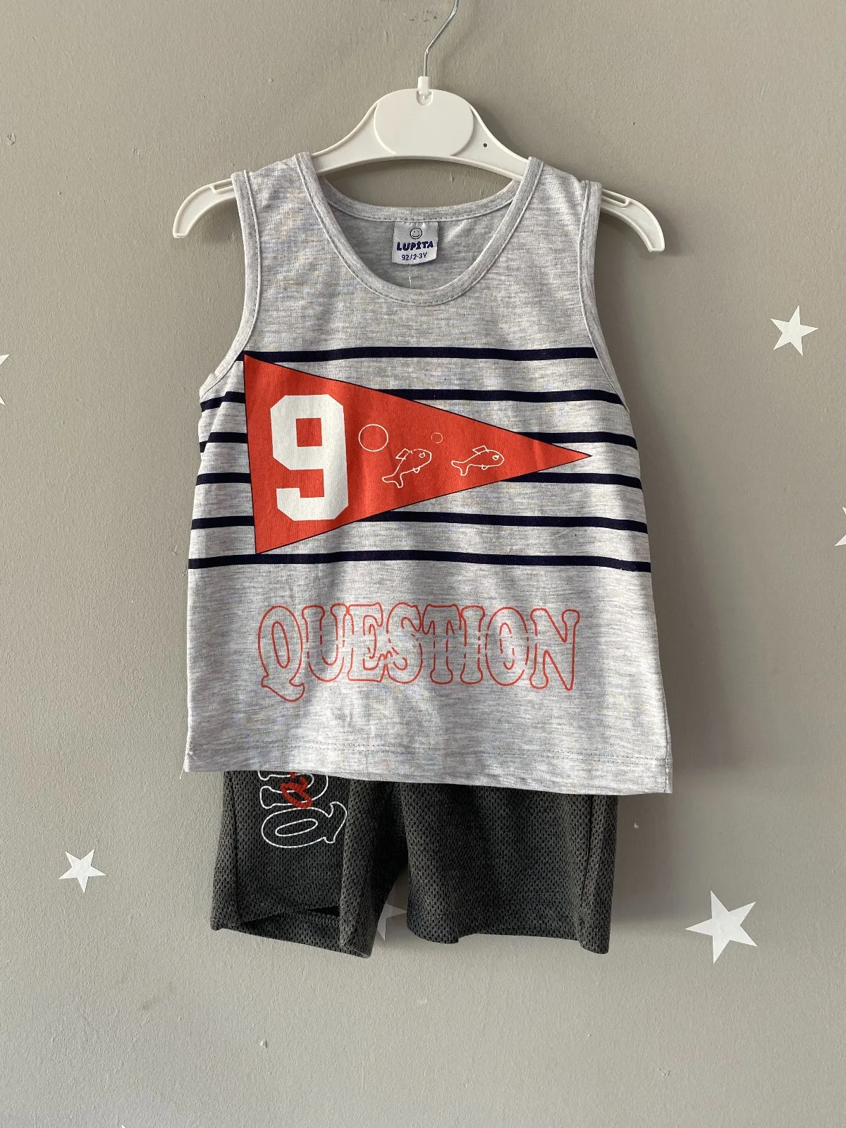 

Jaju Baby, 9 Question Printed Gray Shorts Set, Boy Outfit