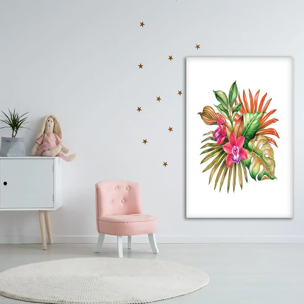 Гобелен тропический букет с большими листьями цветы орхидеи ботанический