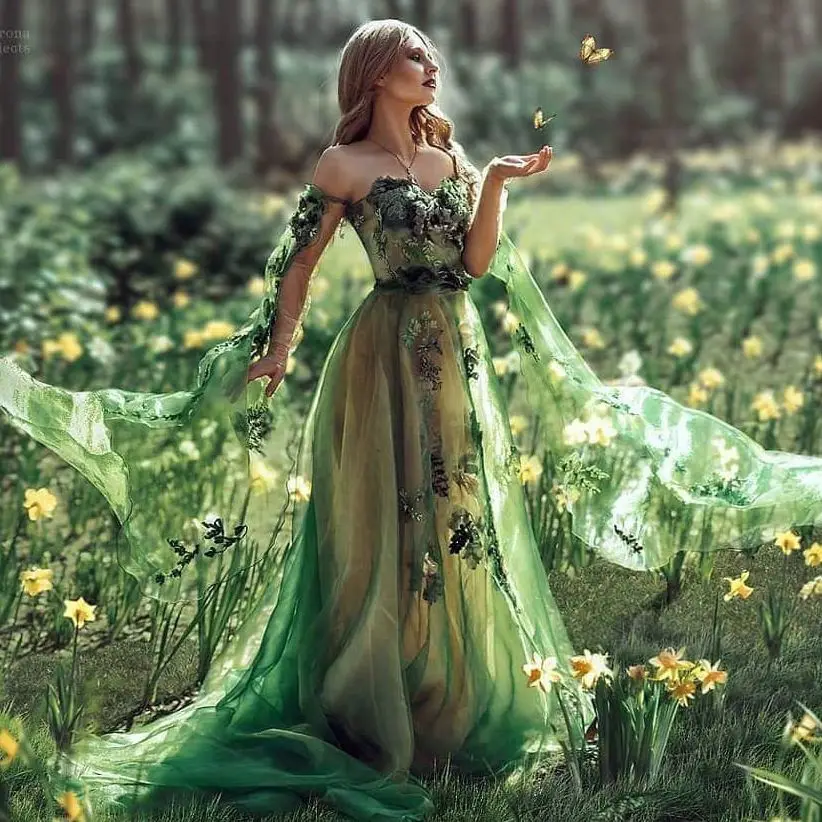 Emerald Green Dress Prom Dresses Floral Dress Women Evening Dresses Jungle Fairy Dress Plus Size Dress Woman Elegant Dresses