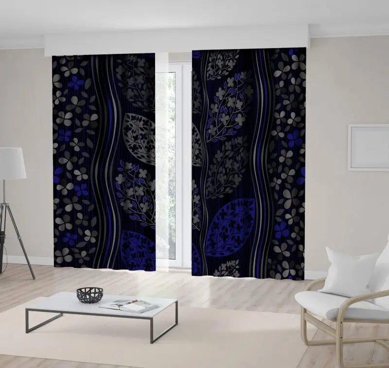 

Curtain Flowers Leaves Branches Pattern Vertical Stripes Vintage Color Artwork Gray Blue Black