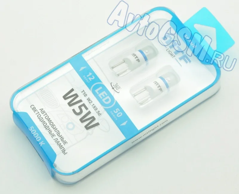 Комплект из 2 х светодиодных ламп MTF Light T10 W5W 5000K 50 Лм (W5W50PT) угол освещения 360