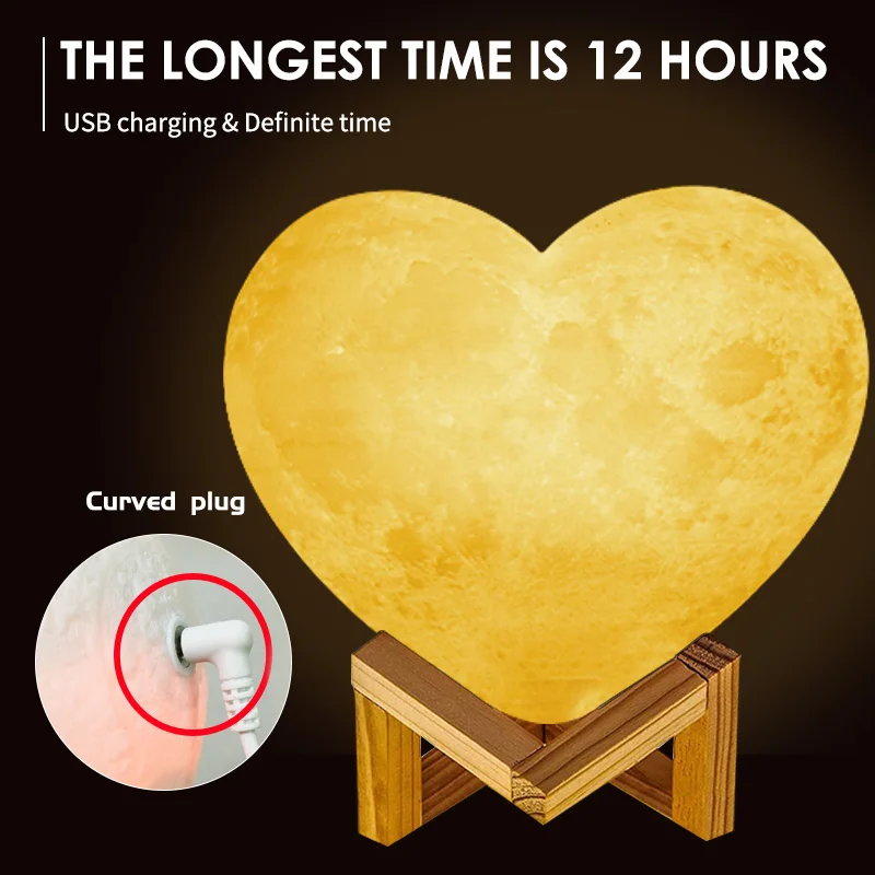 Лампа в форме сердца и Луны с 3D принтом светодиодсветильник лампа зарядкой от USB