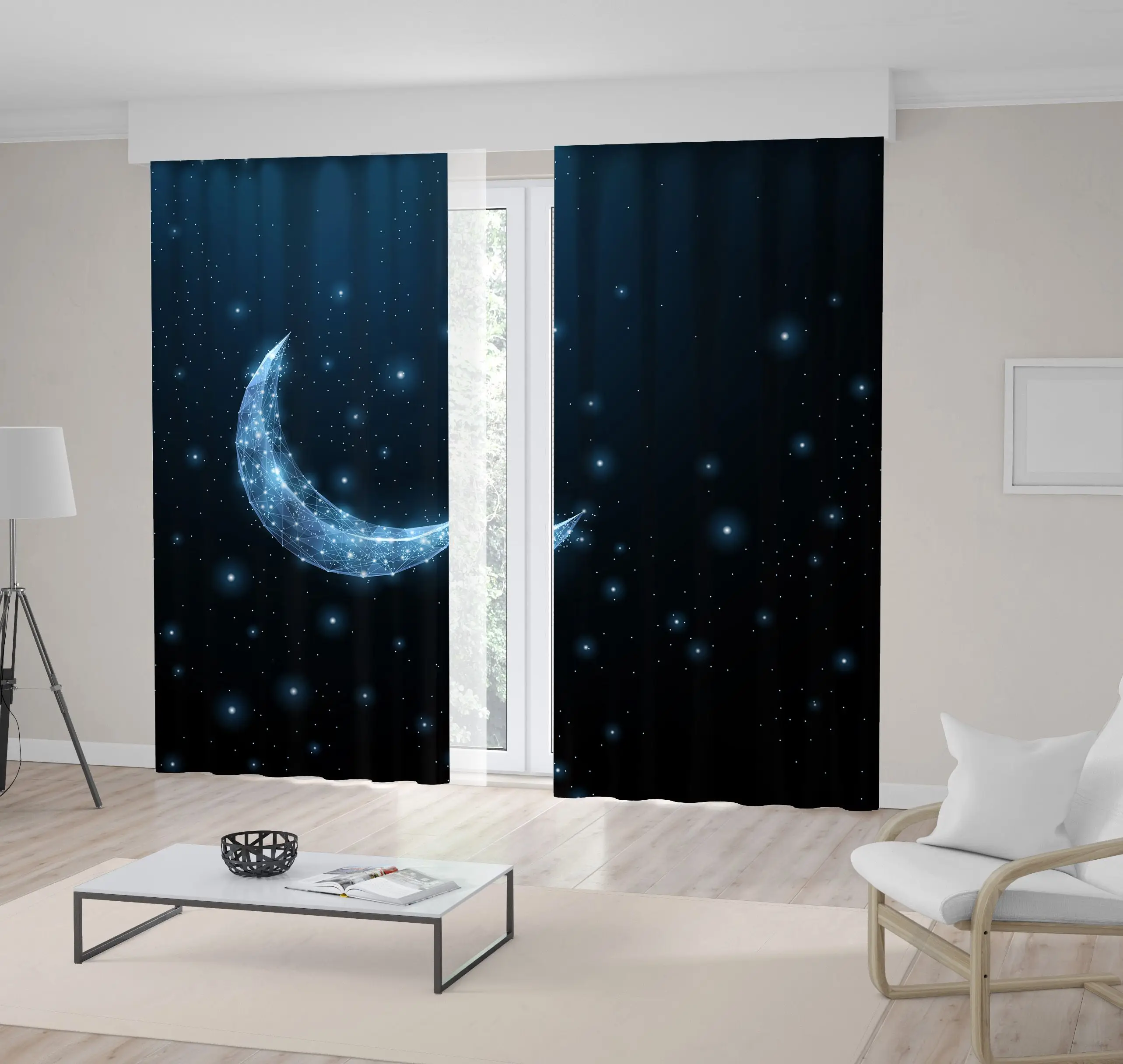 

Curtain Crescent Moon Shining Stars Night Sky Universe Space Abstract Polygonal Wireframe Art Blue White