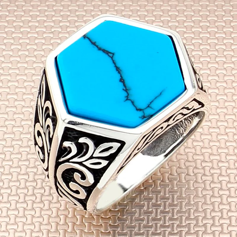 Men's Ring Sterling Silver 925 With Blue Stone Turquoise Gemstone Gift For Him, Handmade Real Pure Silver Turkish Jewelry