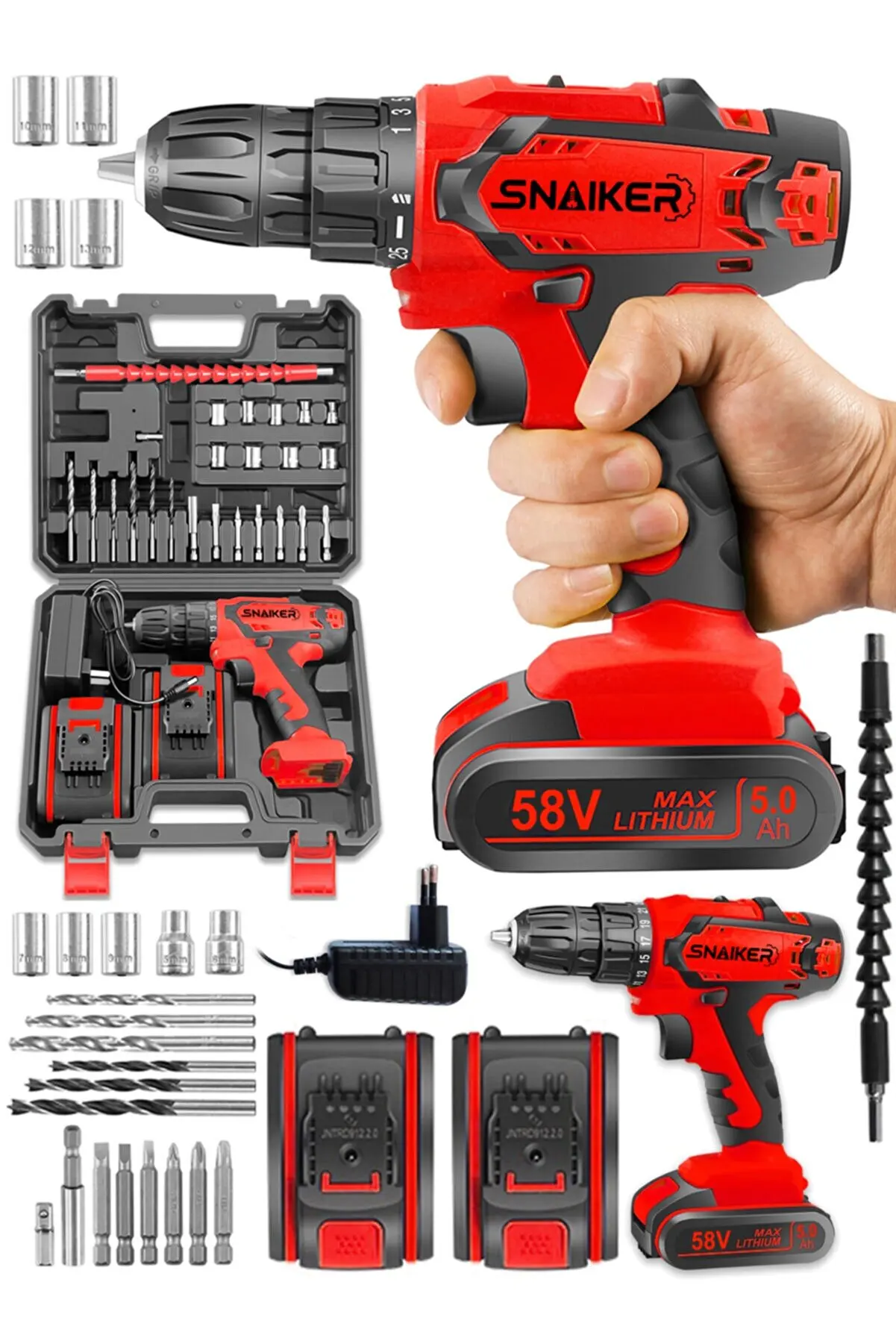SNAİKER German 58 V 5 Ah Cooper Darbeli Double Metal Transmission Copper Wrapped Rechargeable Dual Cordless screwdriver Drill
