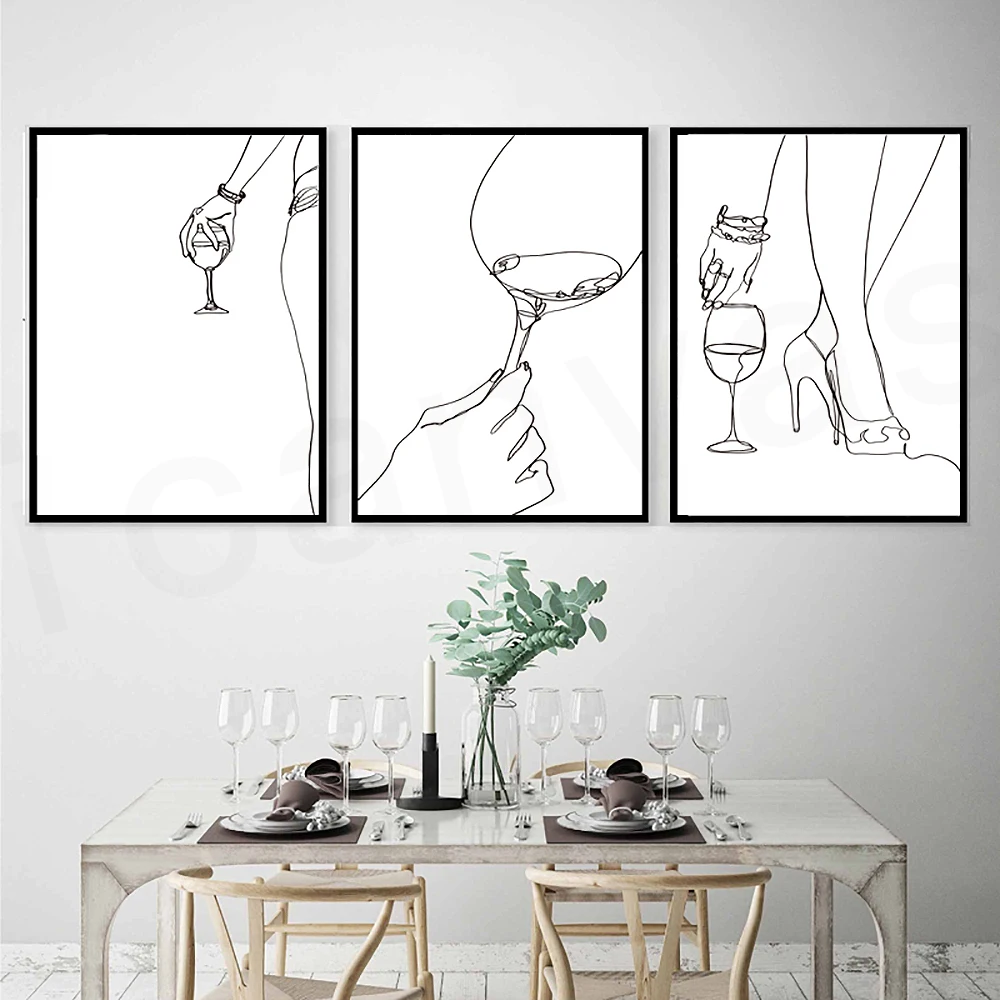 

Nordic Abstract Woman Line Painting Wine Glass Art Home Decor Quality Canvas Poster Kitchen Dining Room Wall Decor Picture
