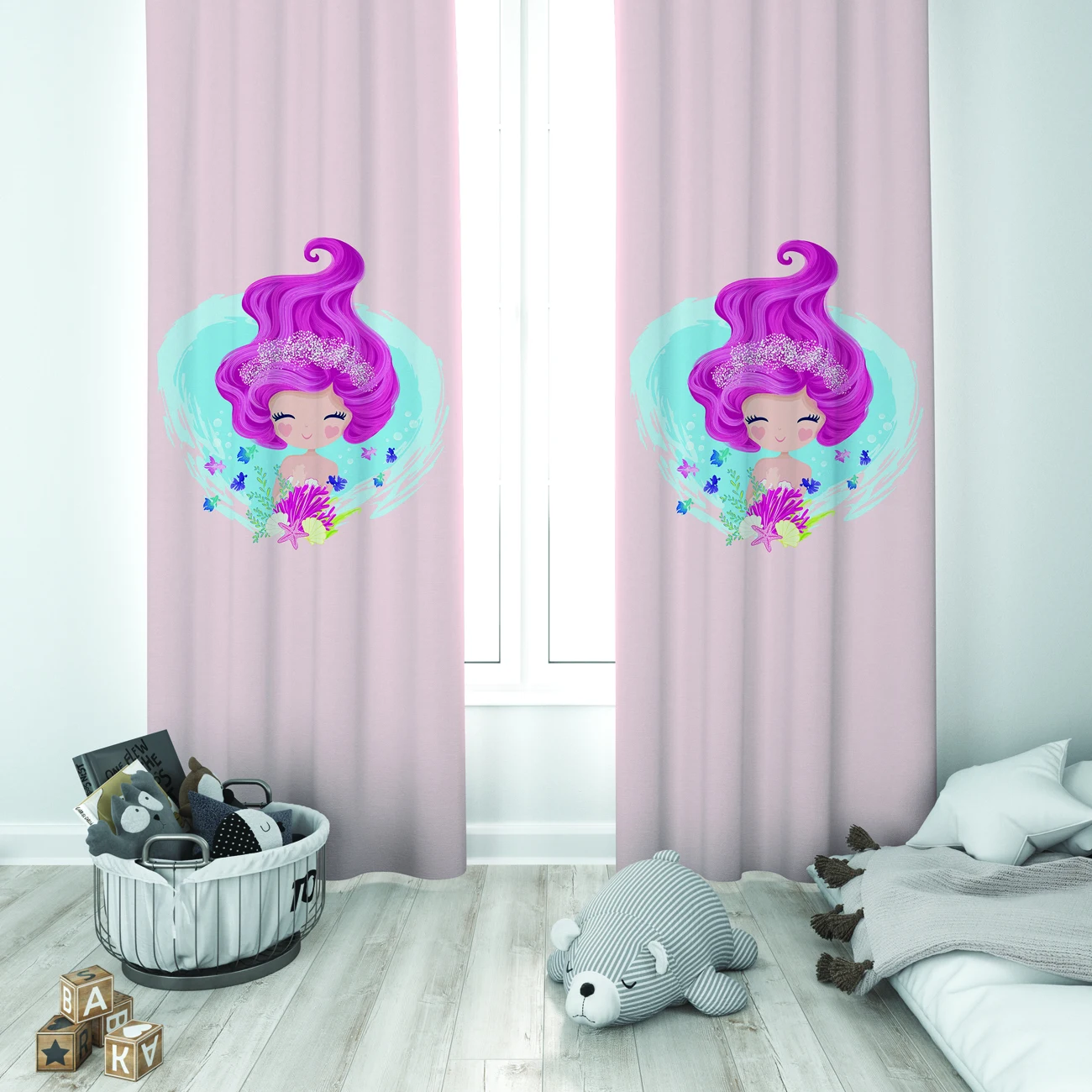

Curtains Children 3D Printed Decorative Items Home Childrens Room Pink Hair Mermaid Model 036