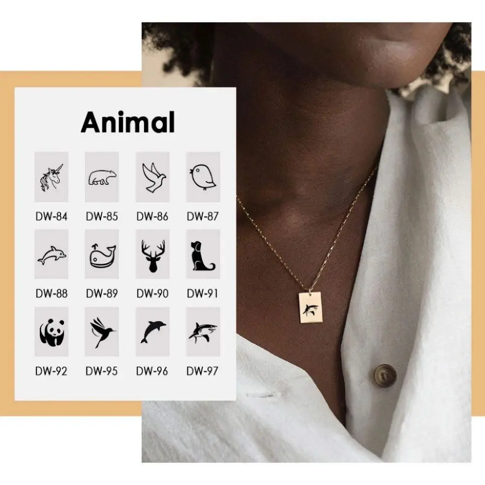 

Engraving Animals Pendant Necklace for Women Personality Stainless Steel Square Unicorn Dolphin Collar Necklace Charm Jewelry