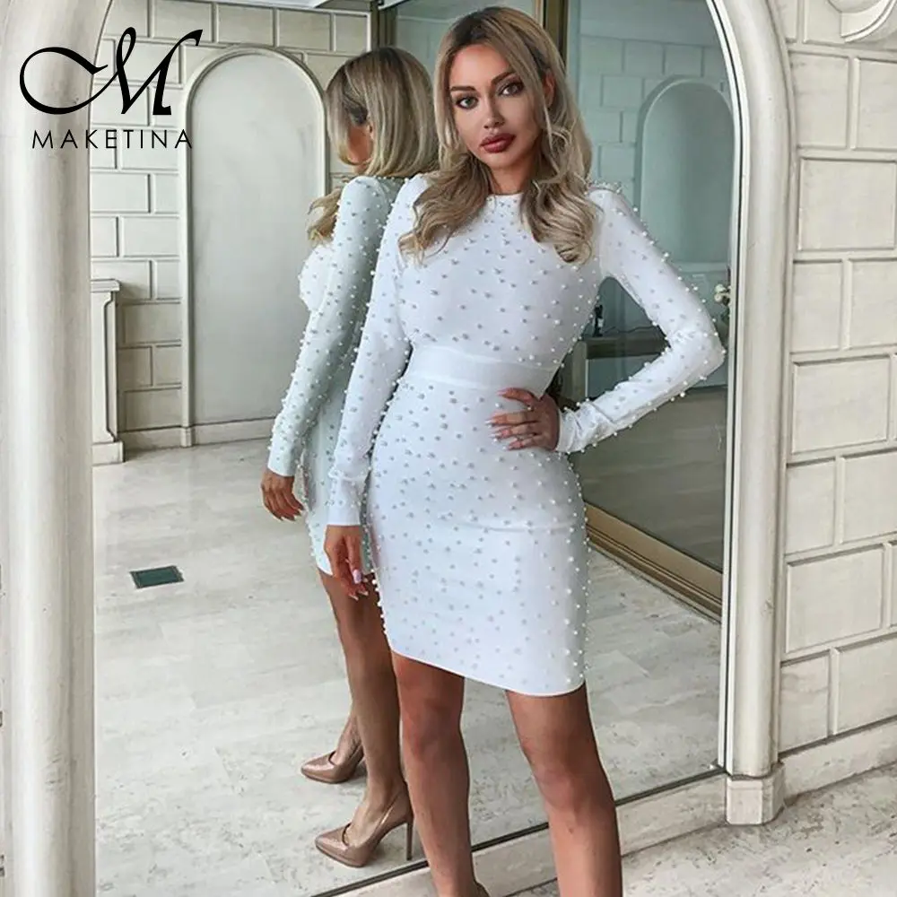 Женское Бандажное платье Maketina летнее облегающее с круглым вырезом белое Клубное