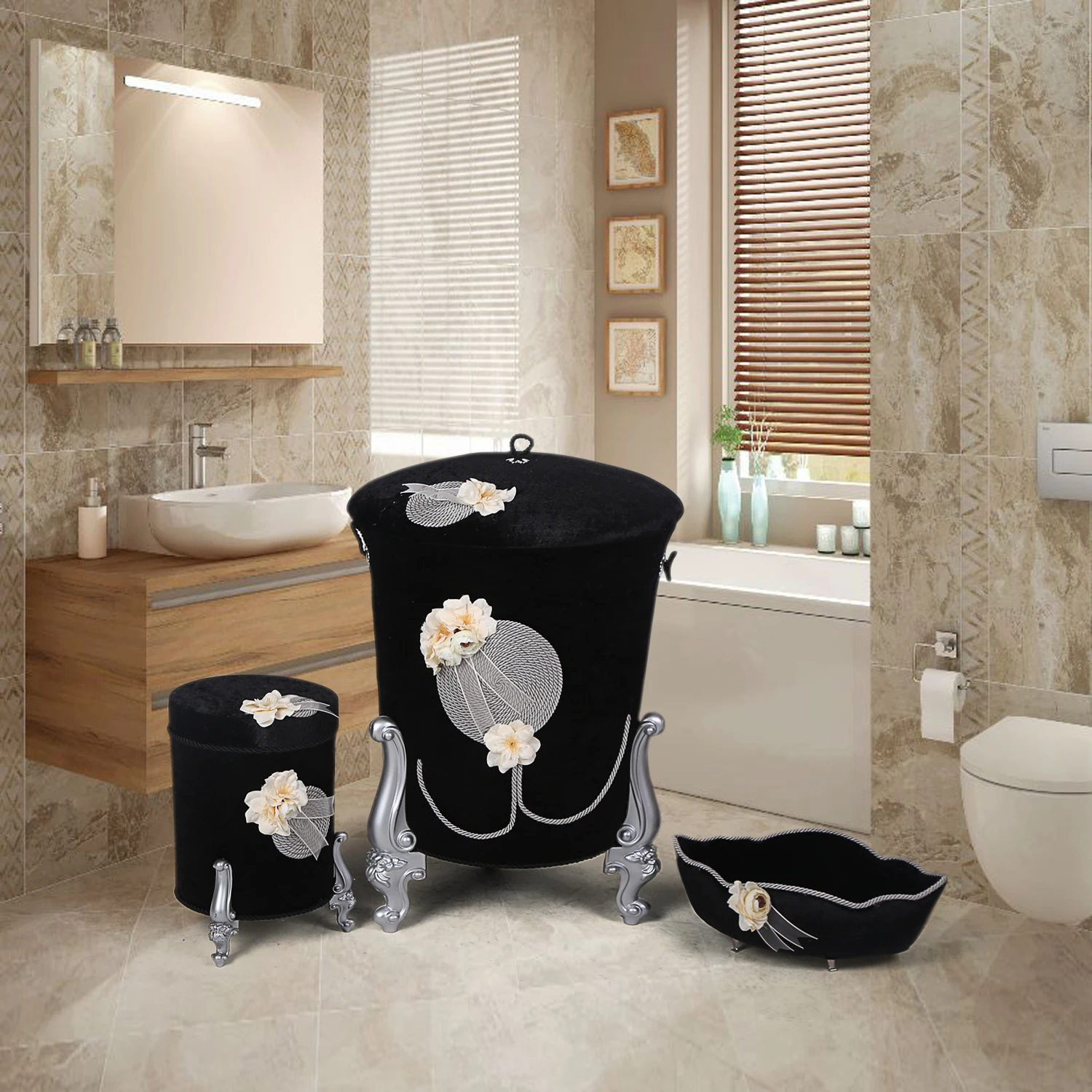 

Bonny Home Mademoiselle Black 3 Pieces Laundry Basket Set Towel Holder Detergent Box Organizer Dirty Clothes Storage