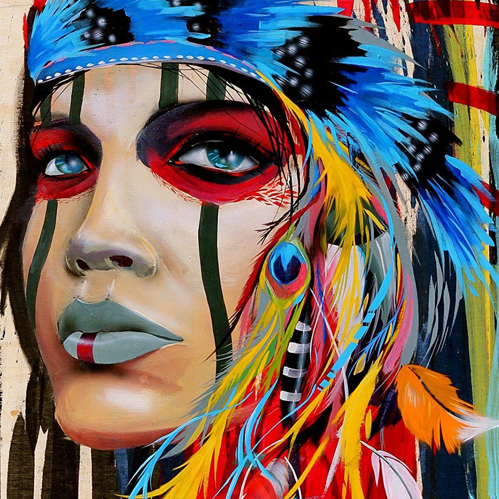 Модульная картина на холсте 3 модуля триптих Индеец живопись. Вертикальная в