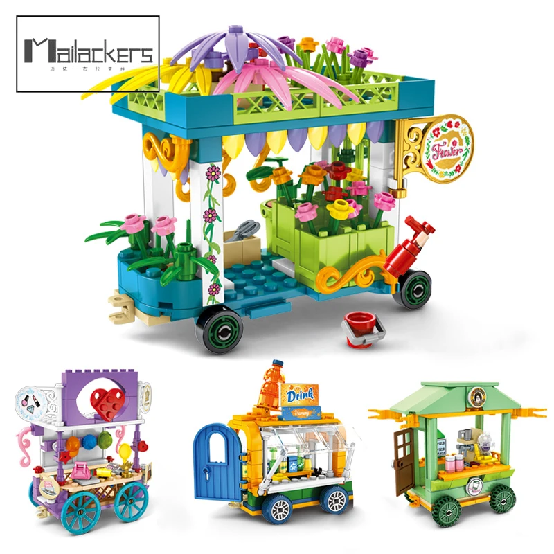 

4 Mini Snacks and Flower Cart Building Blocks Block Christmas Gift Toys for Boy Friends Figures Children Educational Bricks Kids