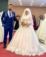 elegant muslim wedding dresses high neck lace applique long sleeve arabic wedding gowns wedding dress 2022 robe de mariee