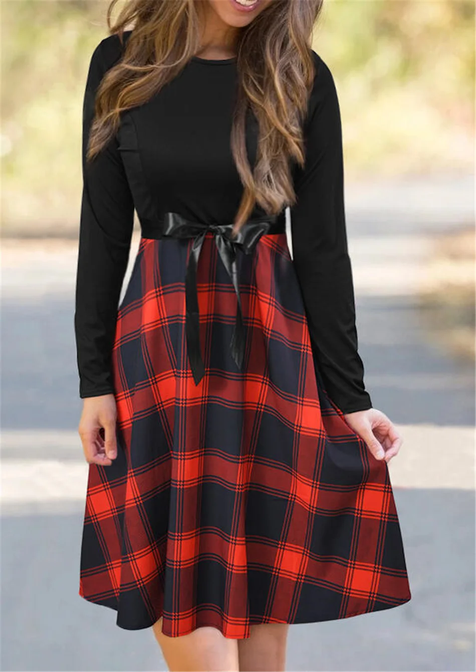 

Лоскутное клетчатое платье для женщин, с длинным рукавом, на молнии, мини-платье, облегающее, с бантом, с завышенной талией, винтажные платья ...