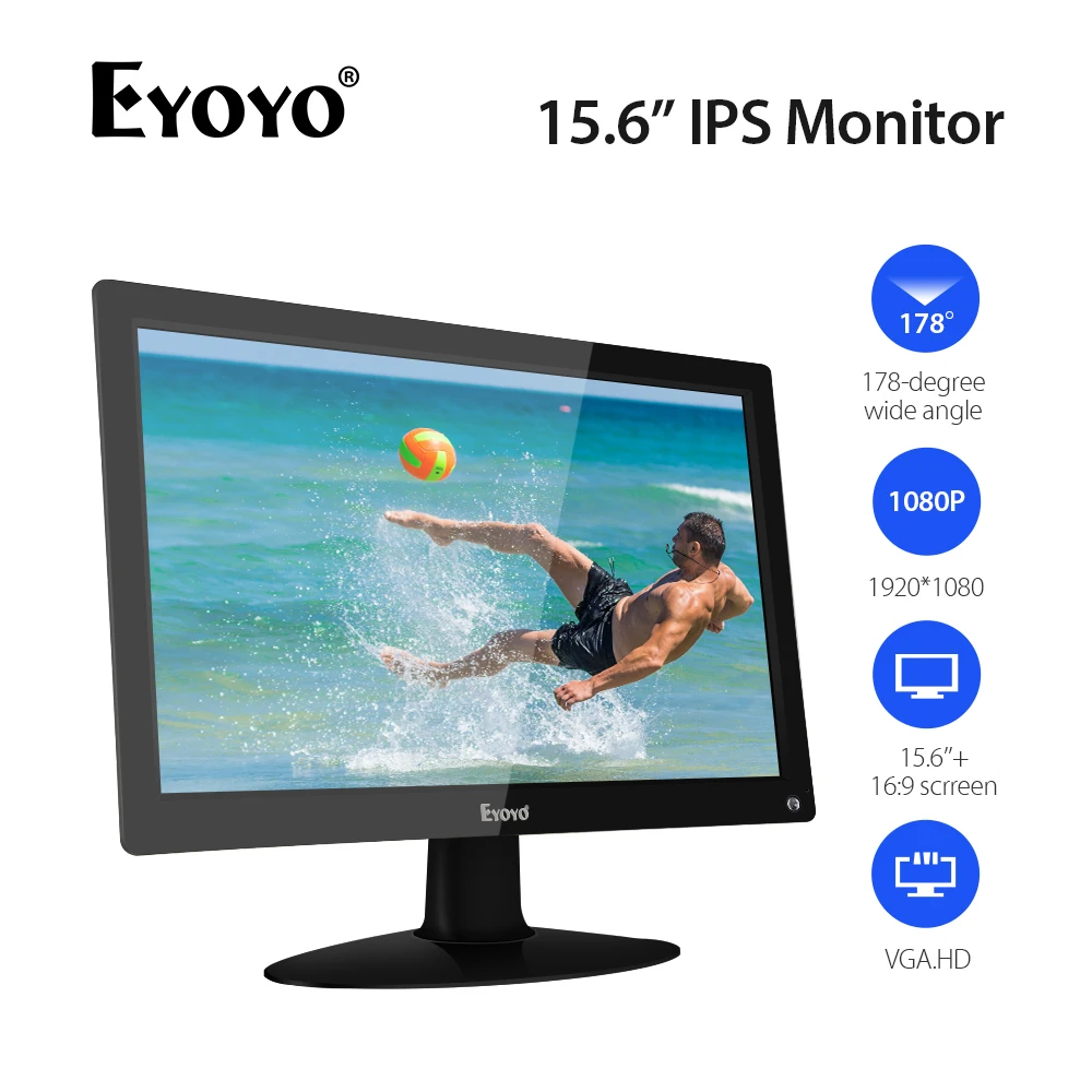 

EYOYO 15.6" IPS LCD HD Monitor Display 1920x1080 Video Color Screen Audio 178° Viewing Angle With AV/VGA/BNC/USB input For PC CC