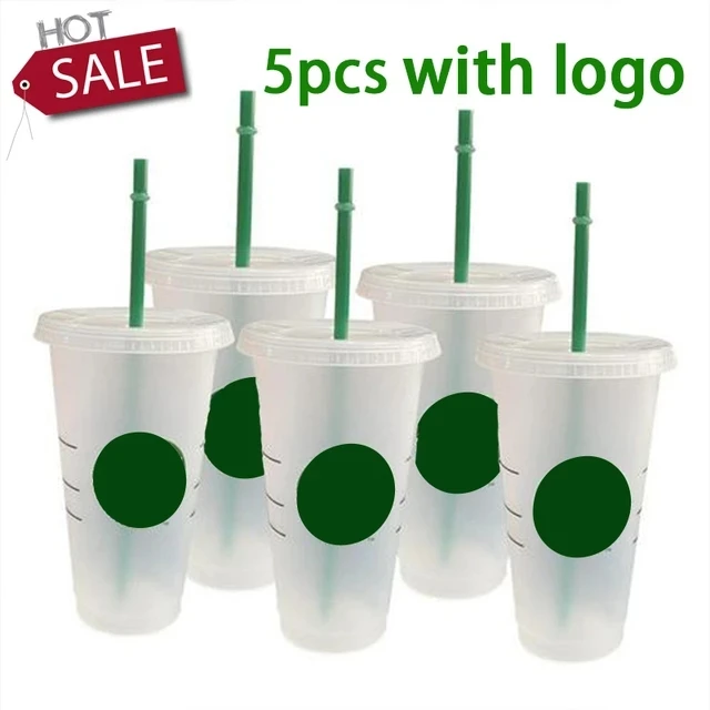 5 adet 710ml yeniden kullanılabilir pullu saman su şişesi Logo ile kişiselleştirilmiş plastik kahve kupası açık taşınabilir kupalar içki bardağı