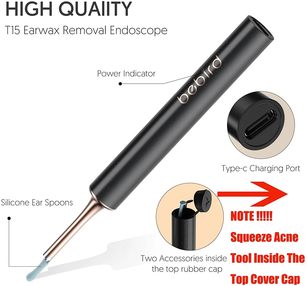 New Bebird T15 R1 Smart Visual Ear Cleaner Health Care Minifit 2in1 Acne Wax Removal HD1080P Otoscope IP67 Waterproof Endoscope images - 6