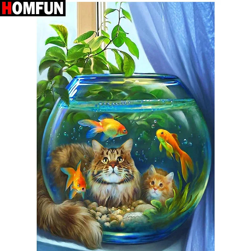 

Картина из квадратных и круглых страз HOMFUN, 5D алмазная вышивка «Золотая рыбка, кот», экологичные изделия, домашний декор