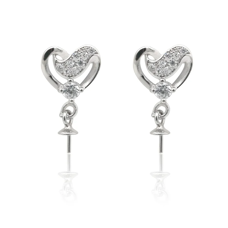 

4pcs 925 Sterling Silver 16x8mm Dangle Heart Earring Setting Findings With Zirconia For Half-drilled Beads DIY Handmade