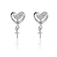 4pcs 925 sterling silver 16x8mm dangle heart earring setting findings with zirconia for half drilled beads diy handmade
