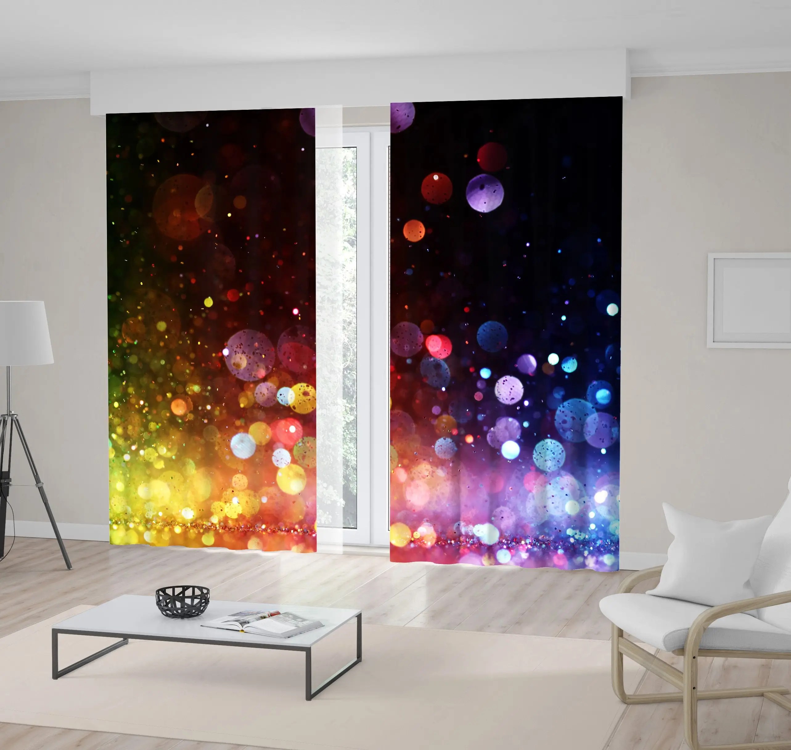 

Curtain Rainy City Night Becomes Blurred of Rainbow Lights Colorful Modern Artwork Green Yellow Blue