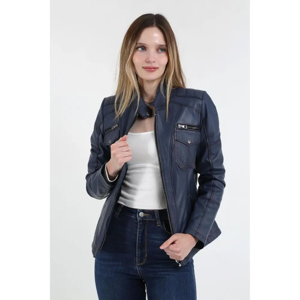 Genuine Leather Women's Blue Coat Leather Jacket Luxury Genuine Lambskin Back Jacket Coat Female Jacket Casual woman