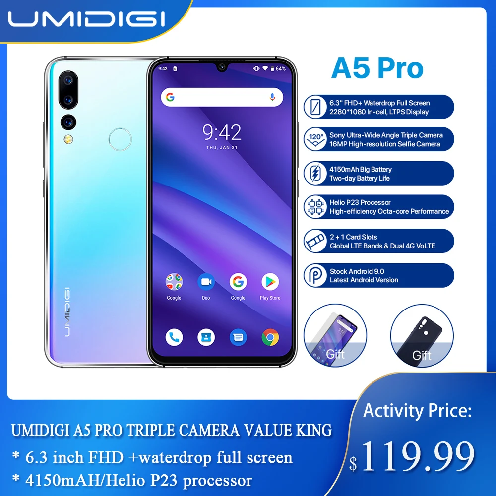 UMIDIGI A5 PRO Android 9 0 4 Гб + 32 ГБ глобальная полоса 16 МП тройная камера Восьмиядерный 6 3 '