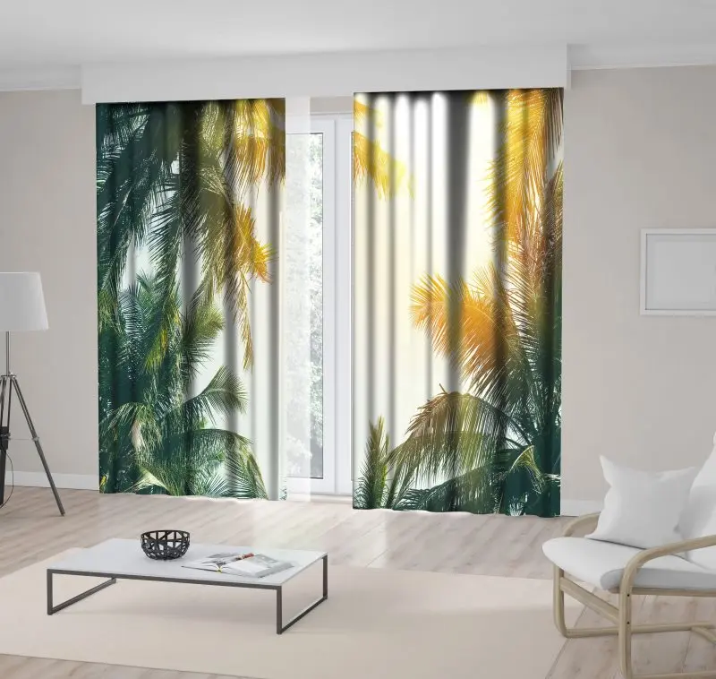 

Curtain Tropical Palm Trees Sunny Day Sky Exotic Summer Vacation Nature Landscape Photo Green Yellow